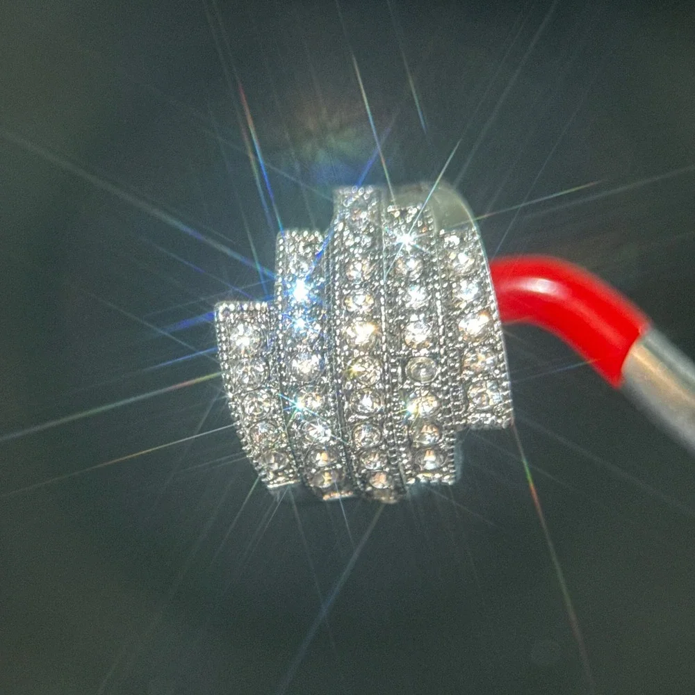 Silver Tone Tiered Rhinestone Statement Cocktail Ring Size 7.5